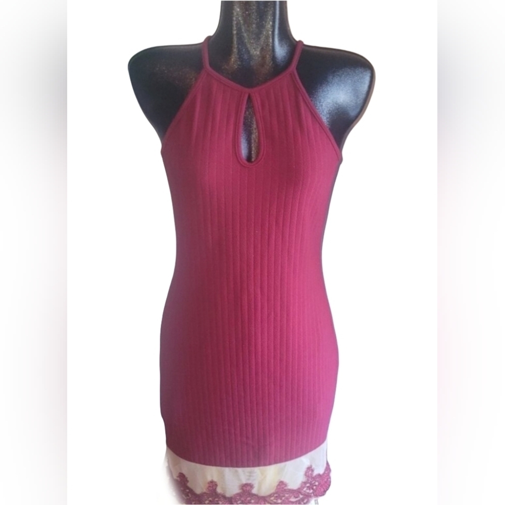 Route 3 Red Halter Lace Trim Sheath Dress Size S